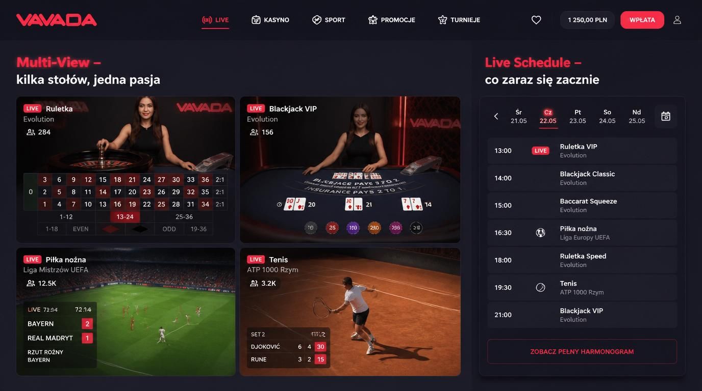 Ekran pokazujący wiele gier i harmonogram wydarzeń live.