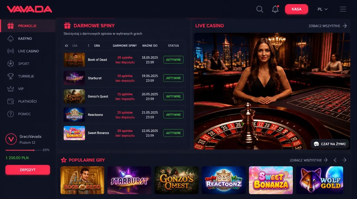Tabela darmowych spinów + klimat live casino