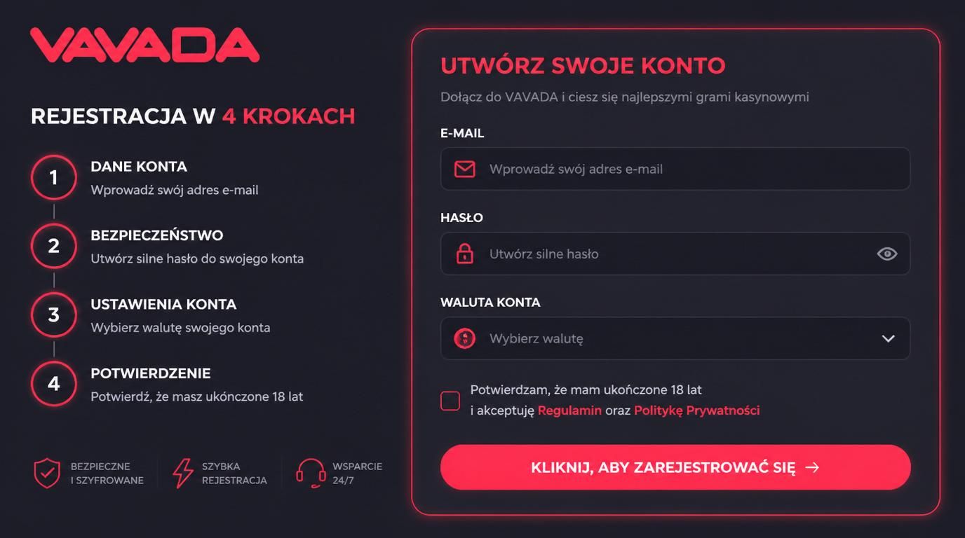 Kroki do rejestracji: email, hasło, waluta, wiek